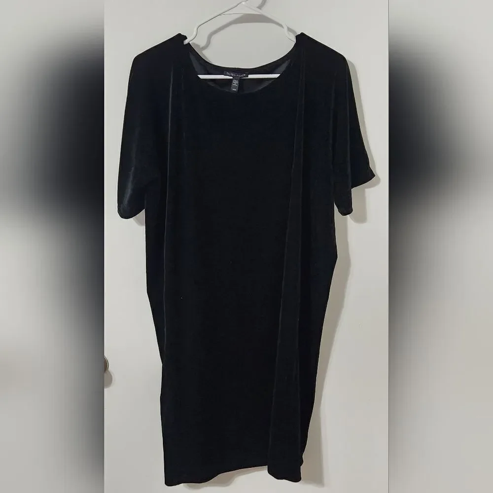 Eileen Fisher Black Stretch Velvet Short Sleeve Shift Dress Women's Size M